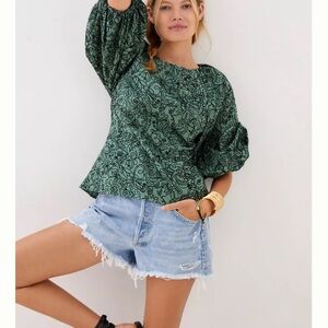 Eva Franco Anthropologie Teal Bow Tie Blouse size large